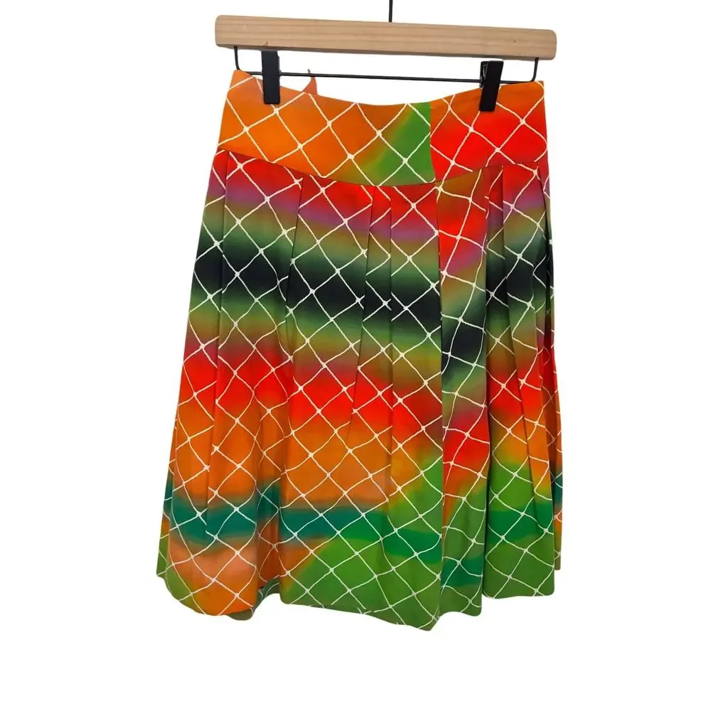 NWT Akris Punto Rainbow Skirt Bold Multicolor Net Print Statement Midi Cotton 6